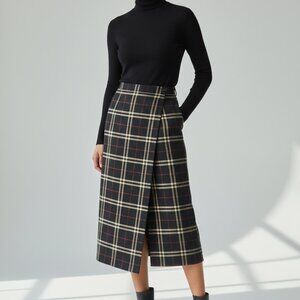 Vintage Gloria Vanderbilt Black Tan Red Plaid Midi Wrap Skirt Sz L Preppy Retro